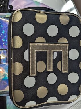 Black Polka Dot Lunch Box Bag with Gold Accent Letter E Initial Justice